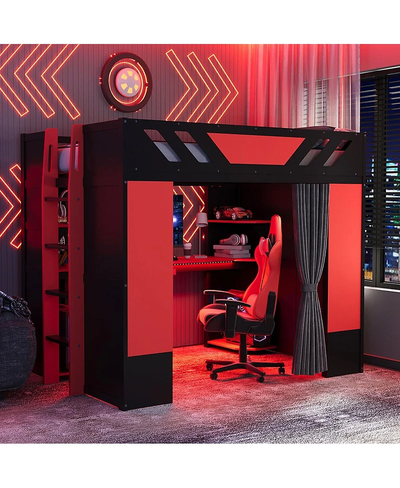 Streamdale Furniture Full Size Wood Loft Bed with Shelves Blackout Curtains and Rgb Lights