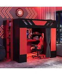 Streamdale Furniture Full Size Wood Loft Bed with Shelves Blackout Curtains and Rgb Lights