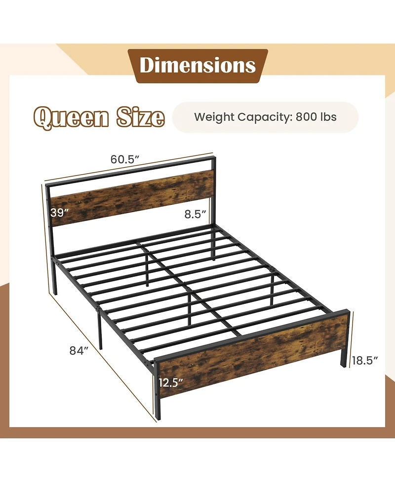 Sugift Queen Size Metal Bed Frame Industrial Platform Bed with Wooden Headboard