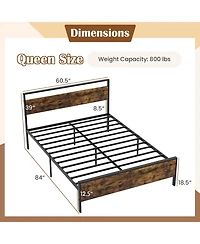 Sugift Queen Size Metal Bed Frame Industrial Platform Bed with Wooden Headboard