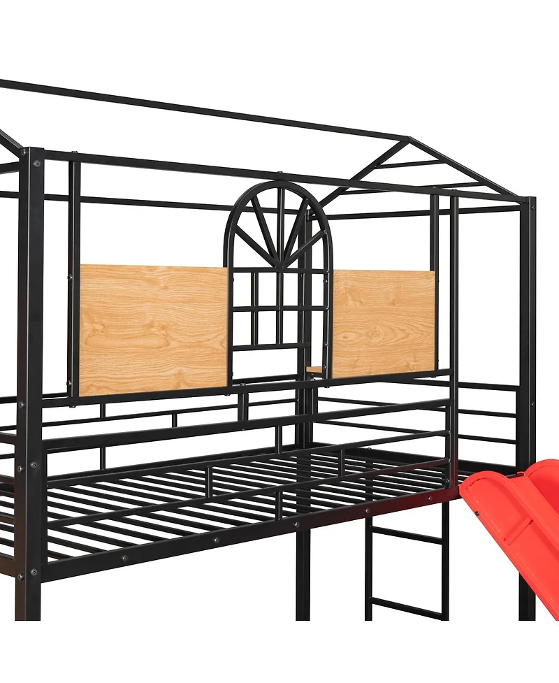 Streamdale Furniture Twin Over Twin Metal House Bunk Bed with Slide and Storage Stairs