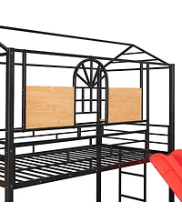 Streamdale Furniture Twin Over Twin Metal House Bunk Bed with Slide and Storage Stairs
