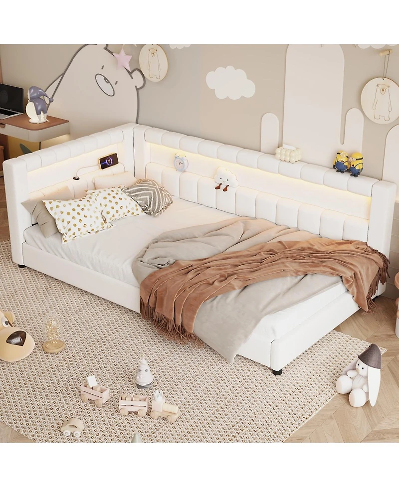 Streamdale Furniture Upholstered Twin Xl Size Platform Bed with Usb Ports and Led Belt Cream