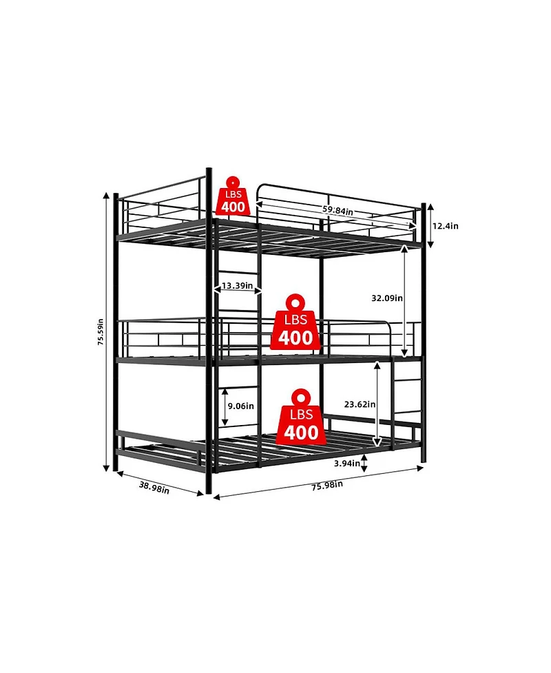 Streamdale Furniture Heavy-Duty Triple Bunk Bed with Ladder and Railing