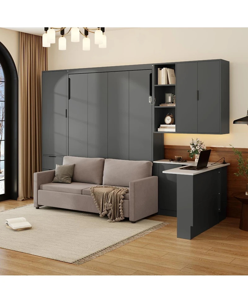 Streamdale Furniture Queen Murphy Bed with Sofa Storage Led and Usb