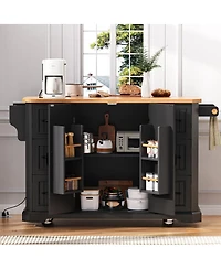 Streamdale Furniture 56'' Kitchen Island with Drop Leaf Power Outlet 6 Drawers and Rolling Wheels