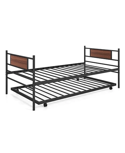 Gouun Twin Size Metal Daybed with Trundle and Wood Grain Headboard
