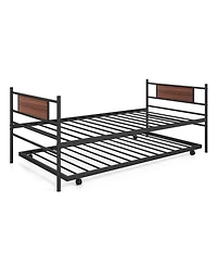 Gouun Twin Size Metal Daybed with Trundle and Wood Grain Headboard