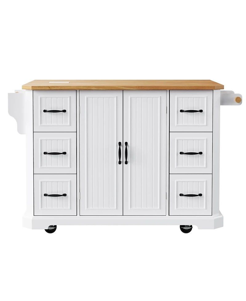 Streamdale Furniture 56'' Rolling Kitchen Island with Drop Leaf Power Outlet and 6 Drawers