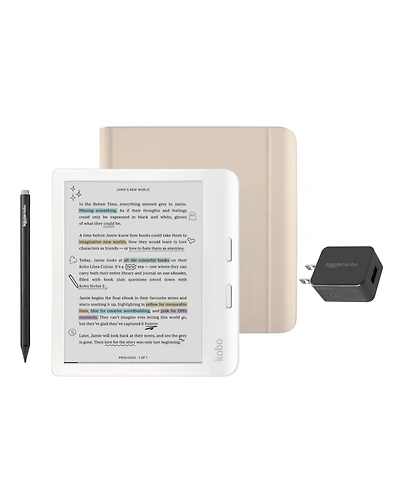 Kobo Libra Colour eReader with Sand Notebook SleepCover Case, Stylus and Ac Bundle