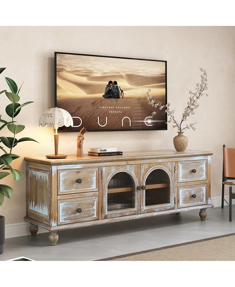 Streamdale Furniture 60'' Farmhouse Tv Stand with 4 Drawers and 2 Glass Doors Rustic Media Console