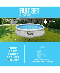 Bestway Fast Set 12' x 30" Round Inflatable Stacked Stone Swimming Pool Set