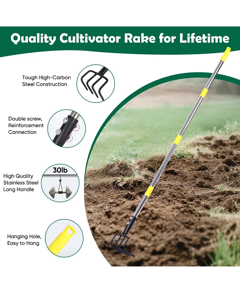 Xdovet Garden Hand Tiller Cultivator 4-Tine Adjustable Long Handle Heavy Duty Weeding Tool Raised Beds soil Loosener Flower Vegetable Gardens