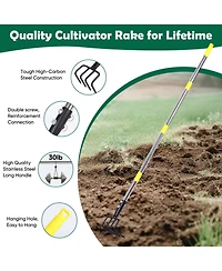 Xdovet Garden Hand Tiller Cultivator 4-Tine Adjustable Long Handle Heavy Duty Weeding Tool Raised Beds soil Loosener Flower Vegetable Gardens