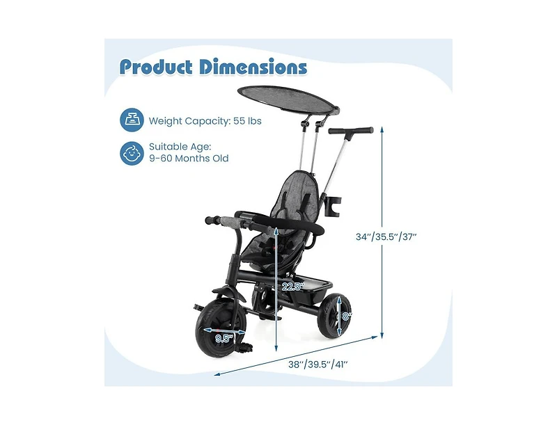 Slickblue Foldable 7-in-1 Baby Tricycle Stroller with Adjustable Canopy
