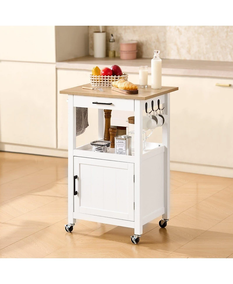 Volenca 18x23" Kitchen Island Cart with Single Door Cabinet, Drawer, Towel Rack, Hooks, Swivel Wheels