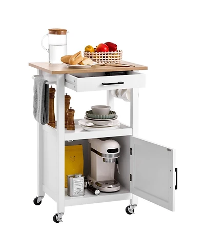 Volenca 18x23" Kitchen Island Cart with Single Door Cabinet, Drawer, Towel Rack, Hooks, Swivel Wheels