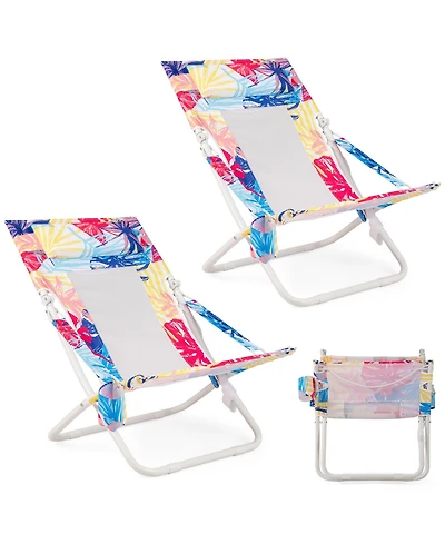Sugift Folding Low Beach Chair Set of 2 Patio Sling Chairs with Padded Head Pillow