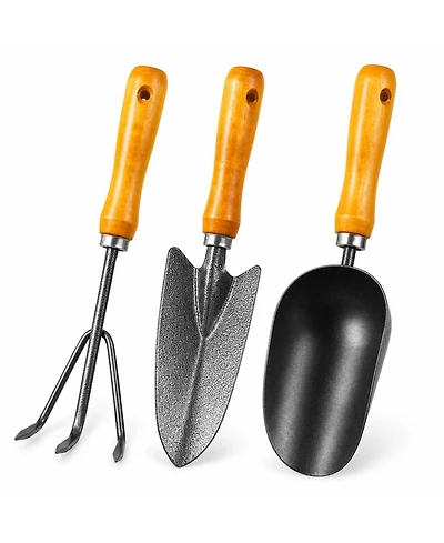 Xdovet 3-in-1 Garden Hand Tools Set Carbon Steel Wooden Handle Trowel Transplanter Cultivator Gifts