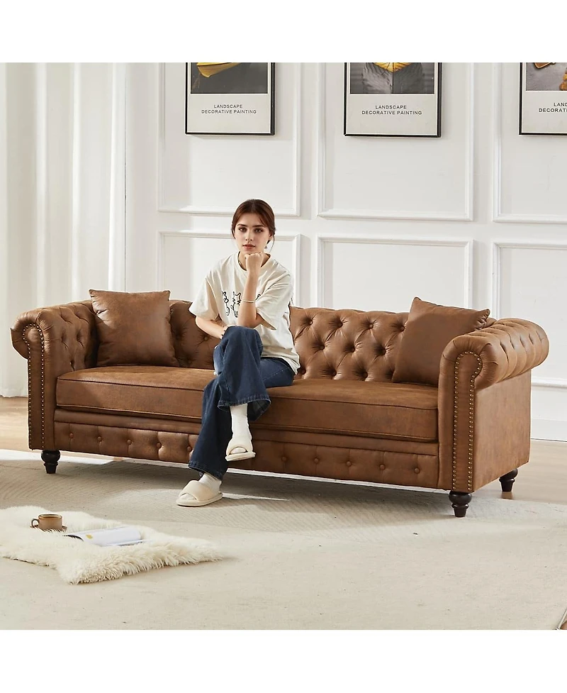 Maison Boucle 85.5'' Wide Chesterfield Sofa, Polyester 3 Seater Couch, 2 Pillows