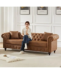 Maison Boucle 85.5'' Wide Chesterfield Sofa, Polyester 3 Seater Couch, 2 Pillows