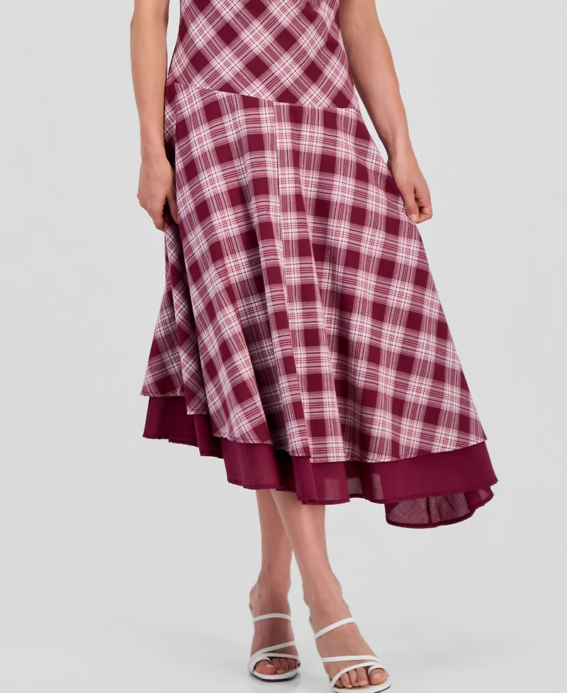 And Now This Petite Plaid Asymmetrical Short-Sleeve Maxi Dress, Macy's Exclusive