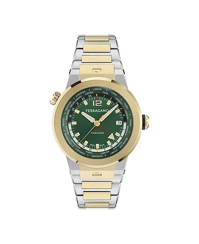 Ferragamo Men's F-80 Gmt Worldtime Two-Tone Stainless Steel Bracelet Watch 43mm