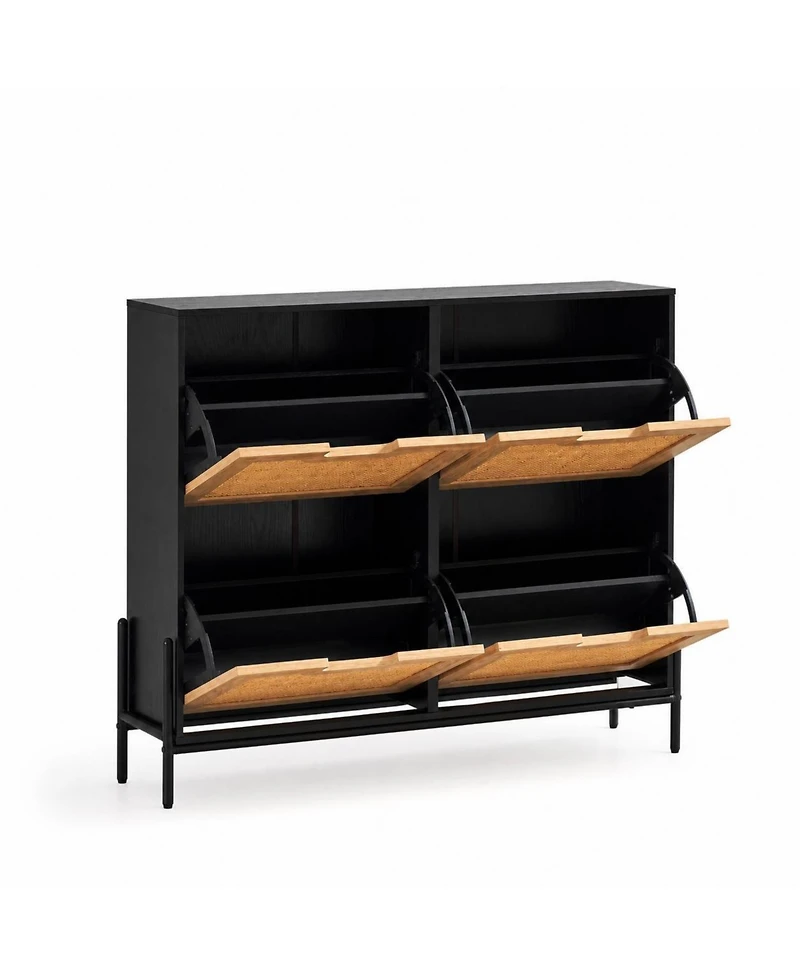 gaomon Rattan Shoe Storage Cabinet with 4 Flip Drawers, Narrow Freestanding Shoe Organizer for Entryway, Black