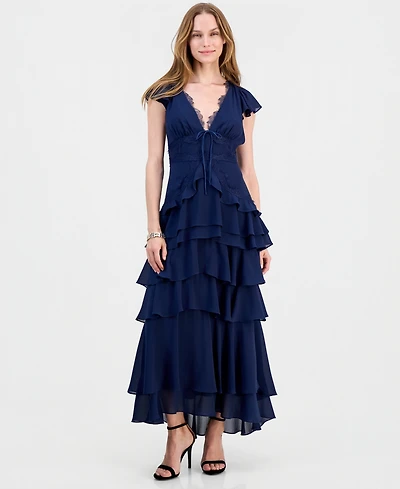 Lulus Women's Sai V-Neck Short-Sleeve Tiered Midi Dress
