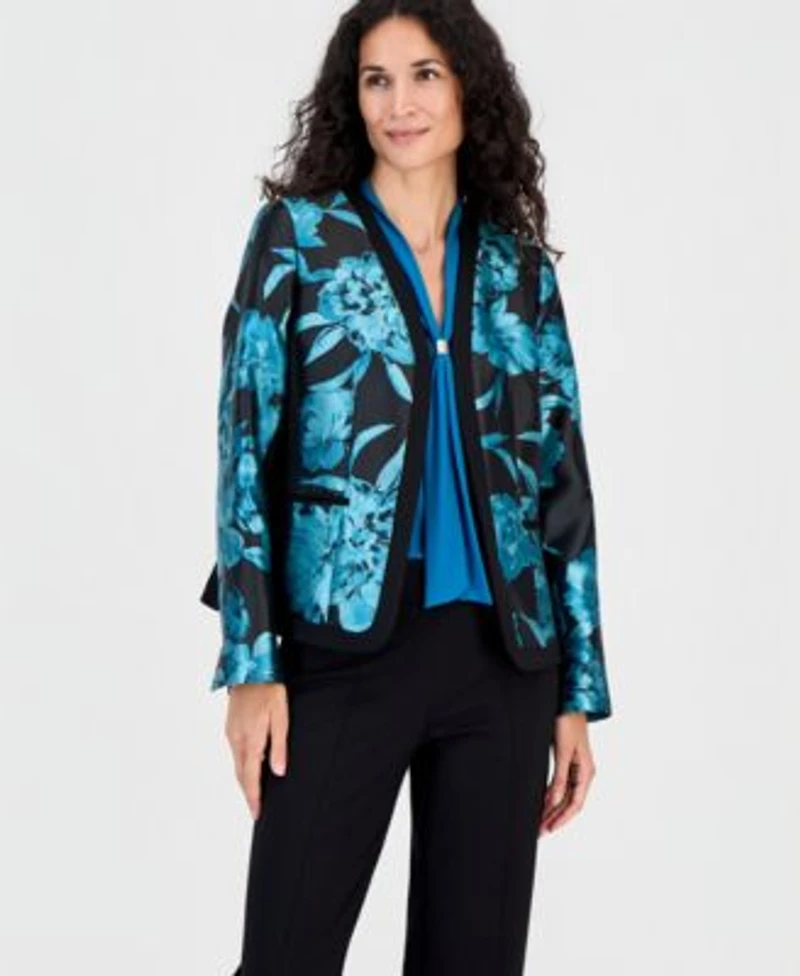 Kasper Womens Framed Floral Jacket Tie Neck Sleeveless Blouse Audrey Straight Leg Trousers