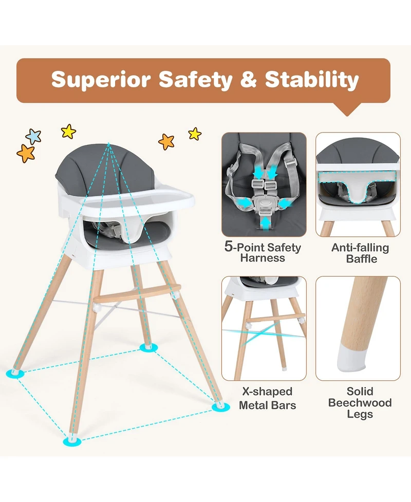 Costway Toddler Solid Wood Feeding Chair Convertible High Chair