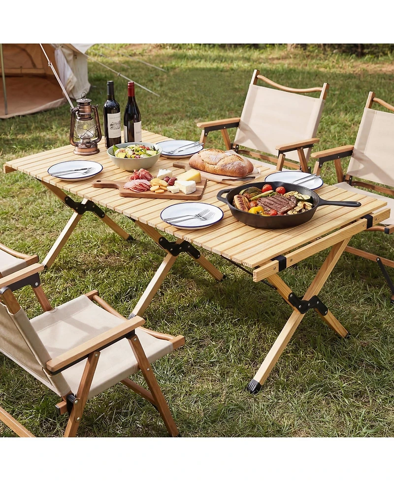 Costway Folding Camping Table, Portable Roll-Up Pine Wood Picnic Table with Carry Bag