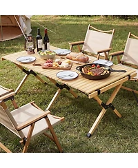 Costway Folding Camping Table, Portable Roll-Up Pine Wood Picnic Table with Carry Bag