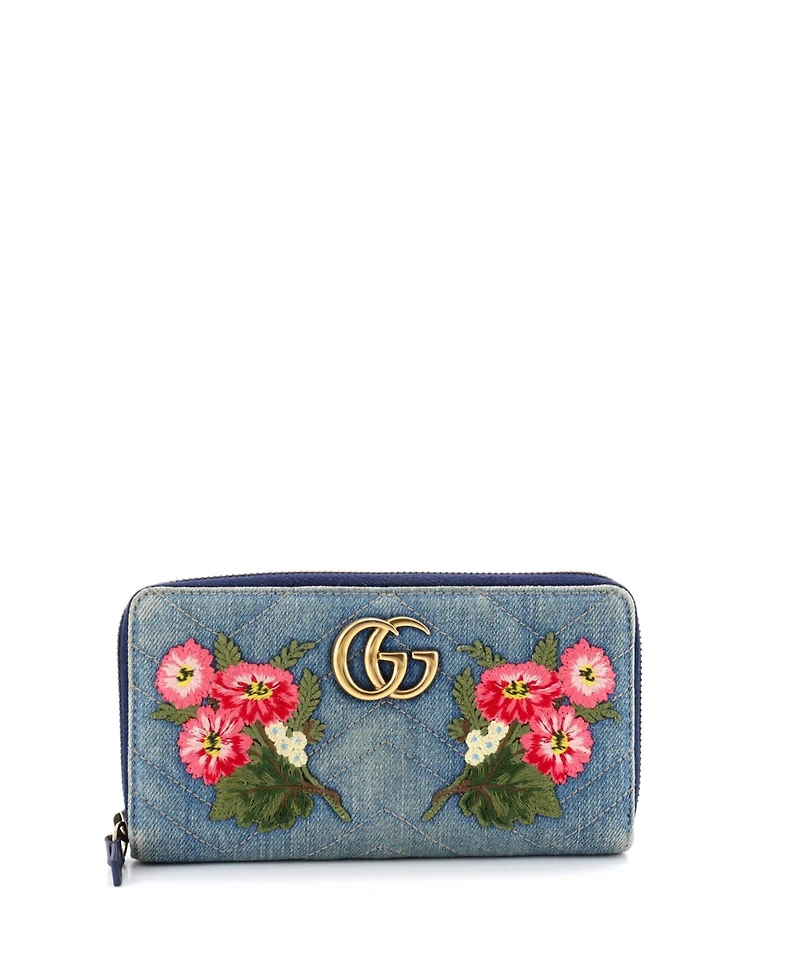 Pre-Owned Gucci Gg Marmont Zip Around Wallet Embroidered Matelasse Denim
