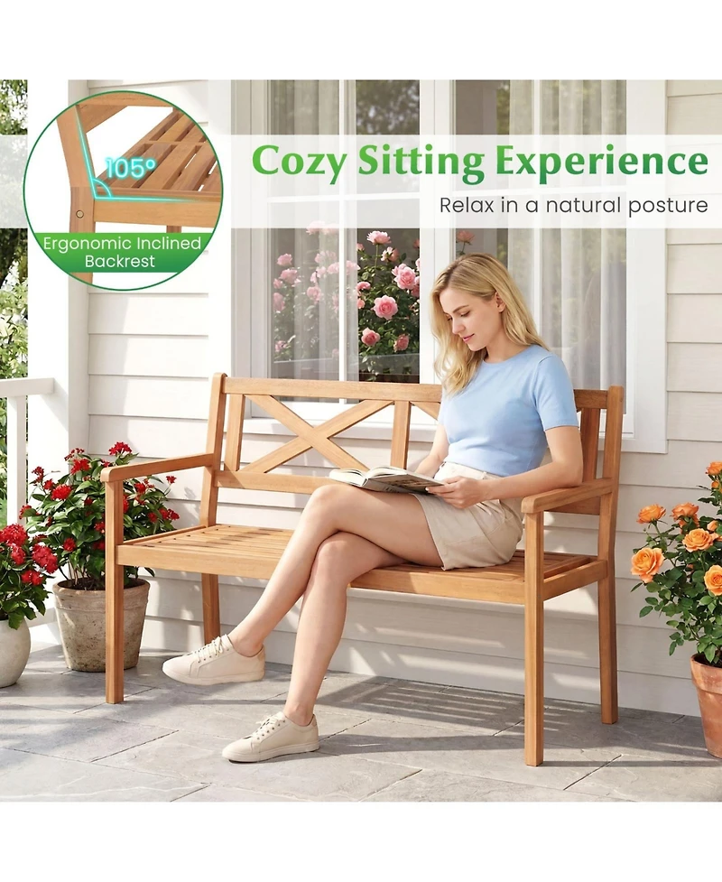 Sugift 2-Person Acacia Wood Garden Bench with Wide Armrests and Slatted Seat