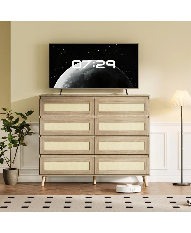 homfan Rattan Dresser with 8 Drawers and Wood Legs for Bedroom, Living Room, Hallway, Entryway