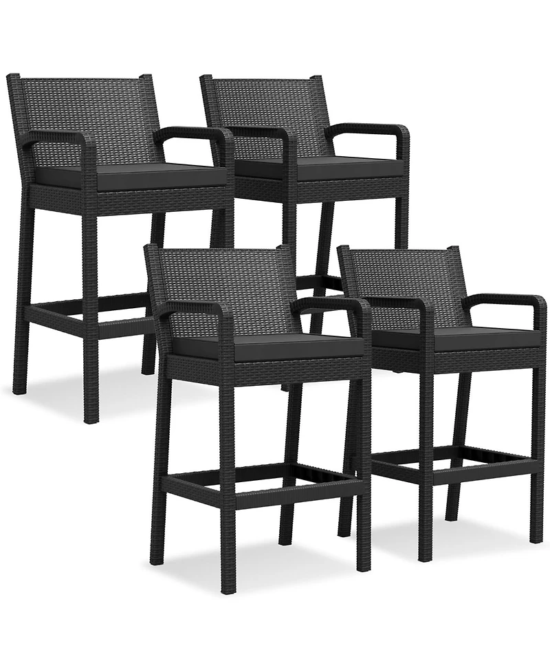 gaomon Set of 4 Wicker Bar Stools, 30 Inch Outdoor Counter Height with Thickened Cushions, Backrest and Footrest
