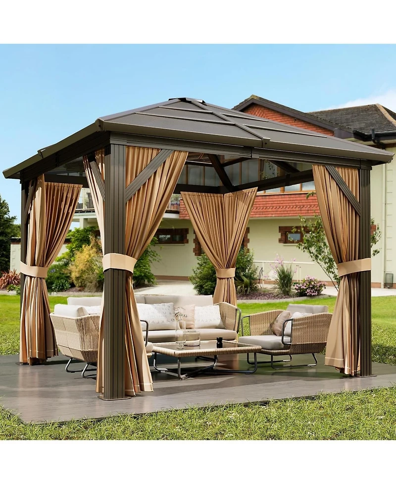 gaomon Hardtop Gazebo, Outdoor Polycarbonate Double Roof Canopy, Aluminum Frame Permanent Pavilion with Curtains and Netting, Sunshade for Garden