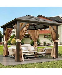 gaomon Hardtop Gazebo, Outdoor Polycarbonate Double Roof Canopy, Aluminum Frame Permanent Pavilion with Curtains and Netting, Sunshade for Garden