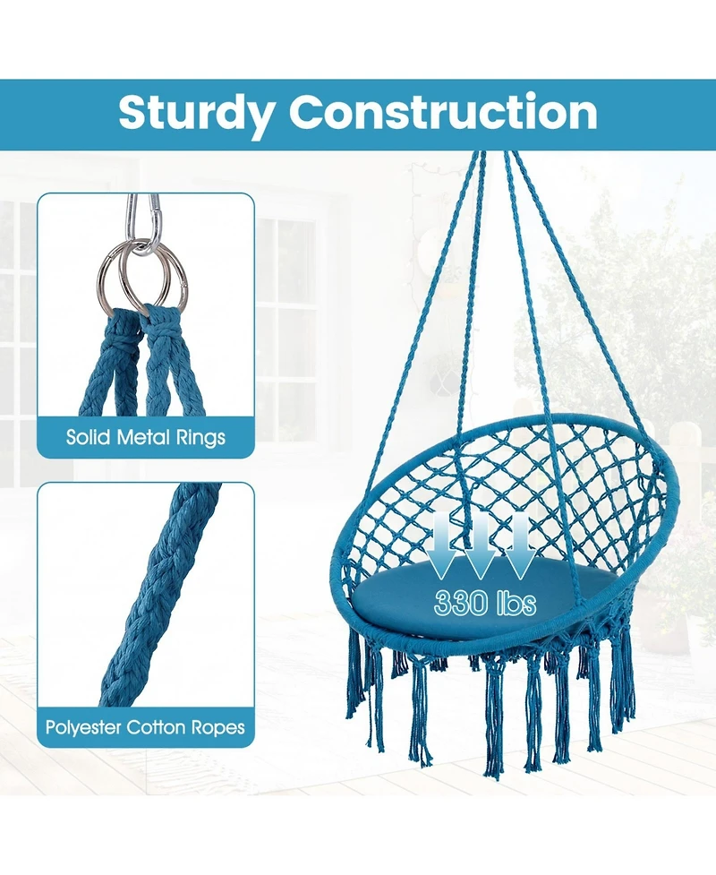 Sugift Macrame Bohemian Swing Hammock Chair with Round Cushion and Metal Rings