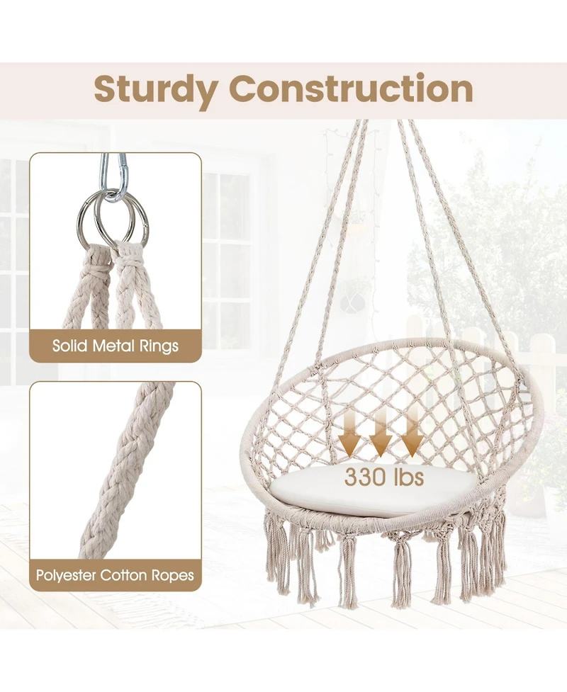 Sugift Macrame Hanging Swing Chair Hammock with Round Cushion and Foldable Frame