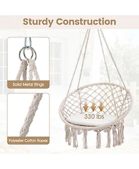 Sugift Macrame Hanging Swing Chair Hammock with Round Cushion and Foldable Frame