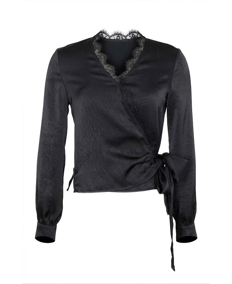 Modenaire Women's Lace-Trim V-Neck Wrap Tie-Detail Top