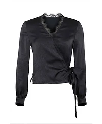 Modenaire Women's Lace-Trim V-Neck Wrap Tie-Detail Top