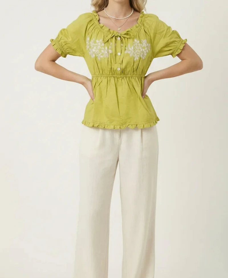 Modenaire Women's Embroidered Peplum Ruffle-Trim Blouse