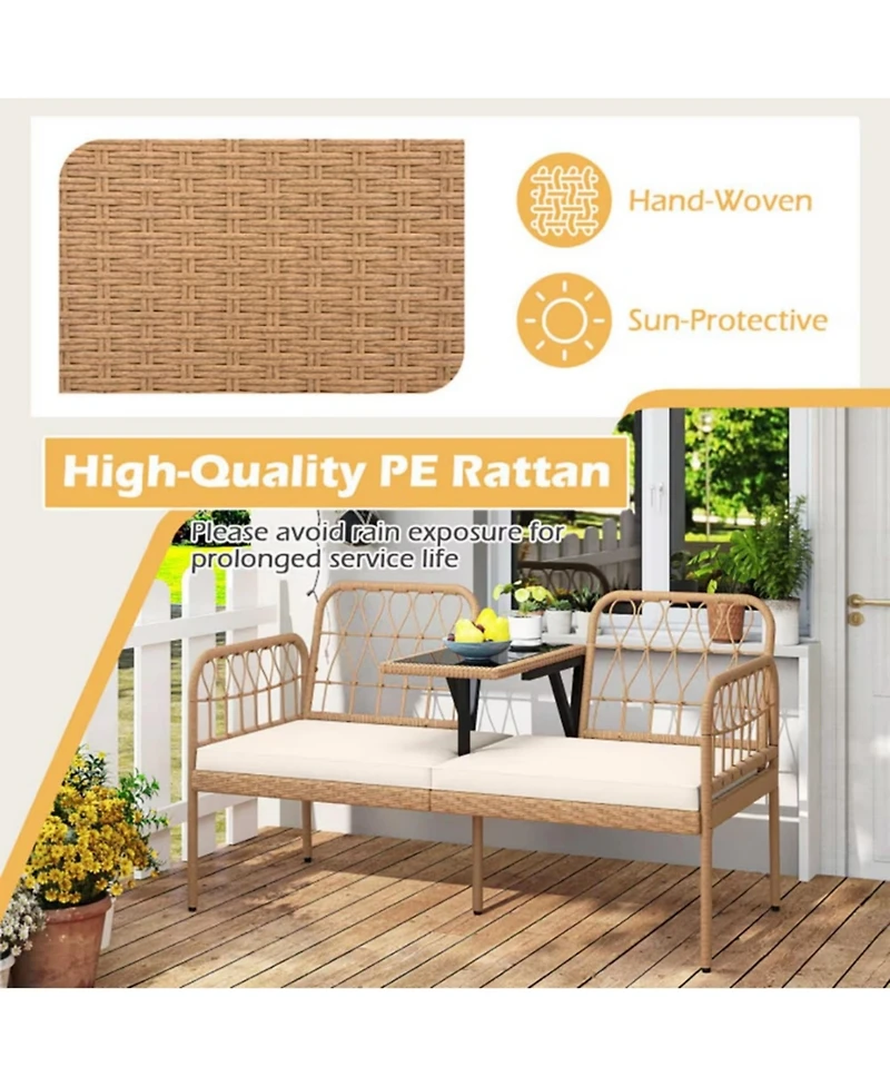 Yiortwo 2-Seat Pe Rattan Outdoor Loveseat with Coffee Table and Cushions