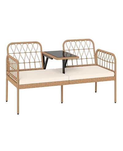 Yiortwo 2-Seat Pe Rattan Outdoor Loveseat with Coffee Table and Cushions