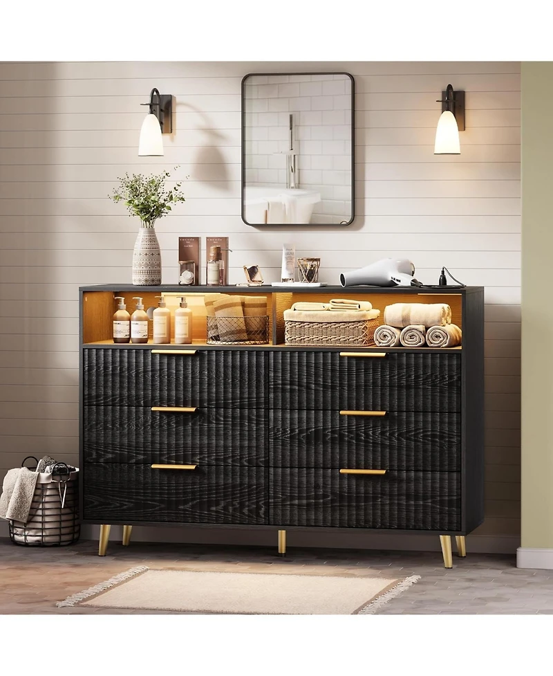 gaomon 6 Drawers Dresser for Bedroom, 47.2" Wide Dressers with Led Lights and Charging Station, Curved Profile Design, Fluted Wood Handle