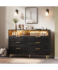 gaomon 6 Drawers Dresser for Bedroom, 47.2" Wide Dressers with Led Lights and Charging Station, Curved Profile Design, Fluted Wood Handle