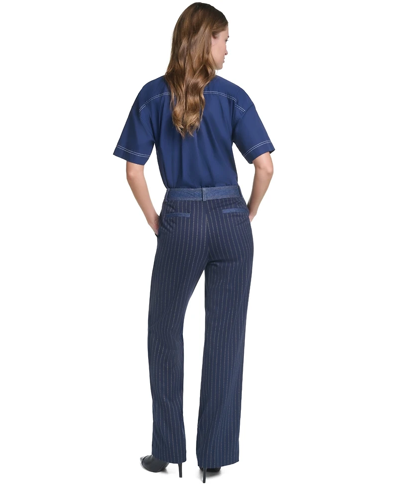Karl Lagerfeld Paris Women's Striped Straight-Leg Denim Waistband Pants